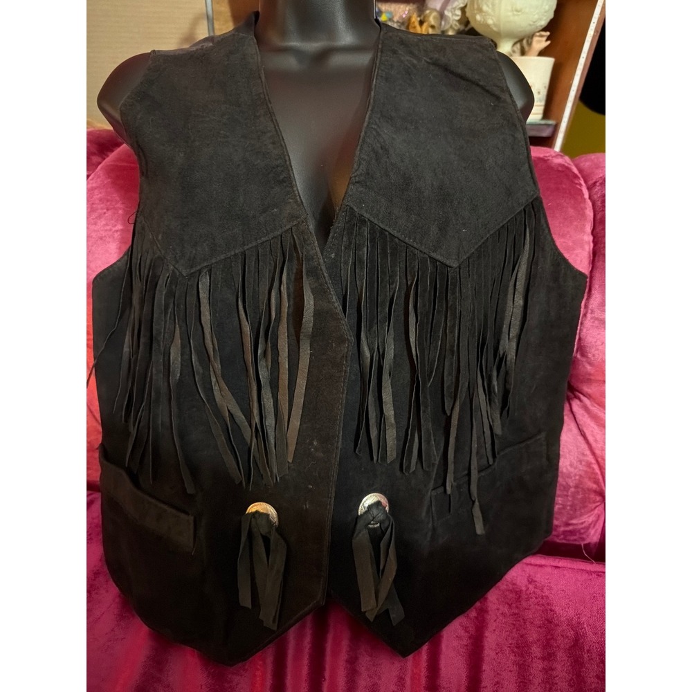 Desperado Vintage Black Suede Leather Fringe Vest Western Concho Boho Mens Large
